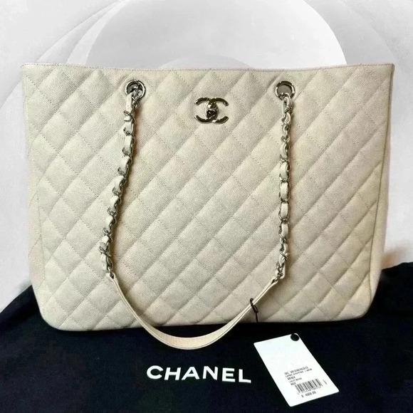 NEW CHANEL CAVIAR BEIGE QUILTED tote large chain strap shopping bag - Picture 1 of 16